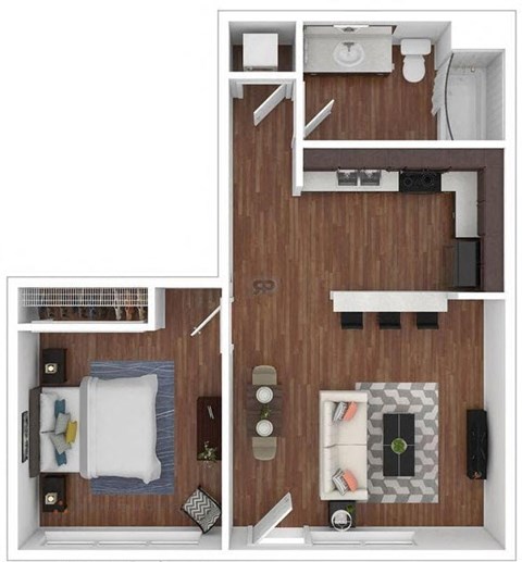 Floor plan for 1 bed, 1 bath, 614 sqft